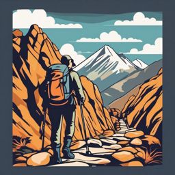 Mountain Hiking Clipart - A hiker conquering a rocky mountain path.  color vector clipart, minimal style