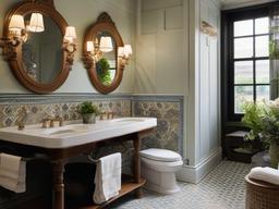 A bathroom with traditional interior design features a pedestal sink, vintage tiles, and ornate mirrors that turn the space into a stylish and serene retreat.  