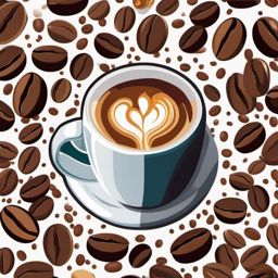 Coffee Cup with Beans Sticker - Coffee cup surrounded by scattered coffee beans, ,vector color sticker art,minimal