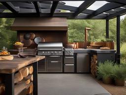 In the outdoor kitchen, Post-Apocalyptic interior design showcases rugged materials, vintage appliances, and creative decor that elevate cooking and entertaining experiences in a unique setting.  