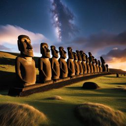 easter island, chile - create a scene showcasing the enigmatic moai statues of easter island, standing silently beneath the stars. 