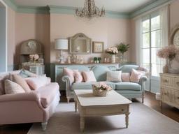 Shabby Chic living room features distressed furniture, soft pastel colors, and vintage decor, offering a cozy and romantic retreat for relaxation.  