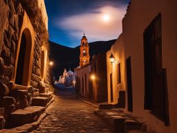 real de catorce - illustrate the enchanting night view of real de catorce, a ghost town turned charming village, with its cobblestone streets, old churches, and celestial skies. 