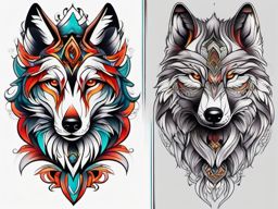 Neo Traditional Tattoo Wolf,modern twist on the traditional wolf, reflecting contemporary values in neo-traditional art. , color tattoo design, white clean background