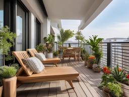 Biophilic interior design in the balcony includes natural wood furniture, potted plants, and vibrant flowers, providing a serene outdoor space for relaxation and enjoyment.  