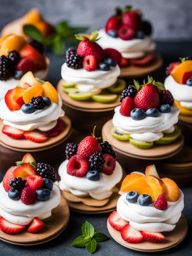 a tower of mini fruit pavlovas, with crisp meringue shells, whipped cream, and fresh fruit. 