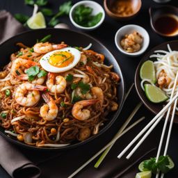 malaysian char kway teow - stir-fried flat rice noodles with prawns, eggs, and bean sprouts. 