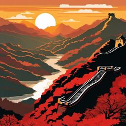 Great Wall of China Sunrise sticker- Iconic wall winding through the Chinese landscape, , sticker vector art, minimalist design