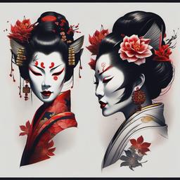 geisha and hannya mask tattoo  simple color tattoo,white background,minimal