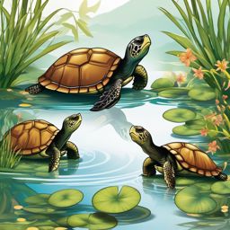 Turtle Clipart, Slow-moving turtles in a tranquil pond. 