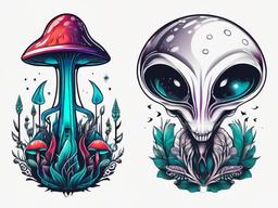 Alien and Mushroom Tattoo - Surreal tattoo merging extraterrestrial and fantasy elements.  simple color tattoo,vector style,white background