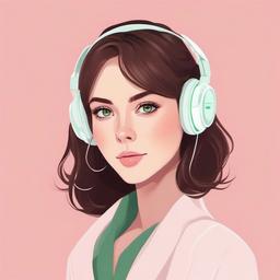 Girl, Brown hair without a fringe, green eyes, white headset, pastel pink background  minimalist design, white background, professional color logo vector art