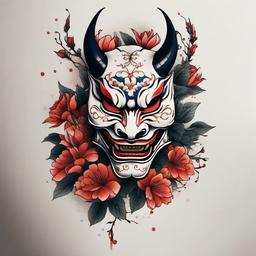 hannya mask with flowers tattoo  simple color tattoo,white background,minimal