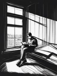 drawing of a man reading a book by a window  minimal rough sketch scribbles,doodles,black and white