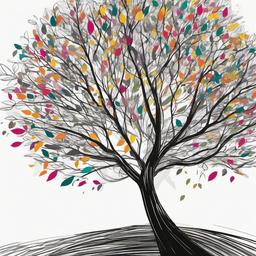 drawing of a tree with colorful leaves  minimal rough sketch scribbles,doodles,black and white