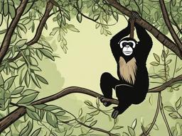 Gibbon Cartoon - Cartoon of gibbon swinging through trees  