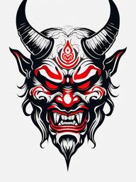 Demon Oni Mask Tattoo - Features a demonic Oni mask, symbolizing power and malevolence, in tattoo art.  simple color tattoo,white background,minimal