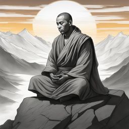 human monk,amaris stormrider,meditating atop a tranquil mountaintop,the sun rises pencil style