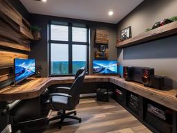 Modern Rustic gamer room combines sleek furniture with rustic wood accents, creating a stylish yet inviting retreat for gaming sessions.  