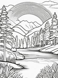 Rainbow Coloring Page - Bold rainbow with a mystical forest backdrop.  easy,simple,minimal,coloring pages,black and white outline