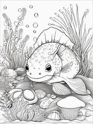 Axolotl Coloring Pages - Axolotl with colorful seashells and starfish  simple coloring pages