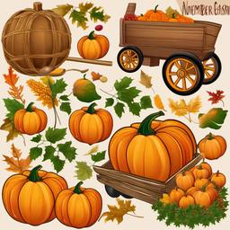 November clipart - harvest season with pumpkins and crops  