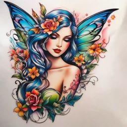 colorful fairy tattoo designs  simple color tattoo style,white background