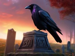 Ebon raven, perched atop a weathered gravestone in a forgotten cemetery, serves as a sentinel between the realms of the living and the dead. hyperrealistic, intricately detailed, color depth,splash art, concept art, mid shot, sharp focus, dramatic, 2/3 face angle, side light, colorful background