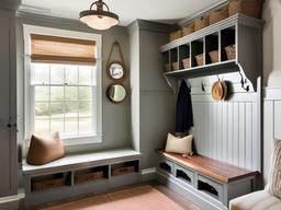 A mudroom designed with rustic interior design includes sturdy storage solutions, vintage decor, and an organized layout that makes coming and going a practical and stylish experience.  