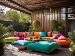 The outdoor patio embraces psychedelic interior design with colorful furniture, funky cushions, and imaginative decor that creates a lively atmosphere for relaxation and gatherings.  