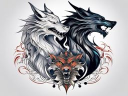 Dragon and Wolf Tattoo,captivating tattoo showcasing the powerful dragon and the fierce wolf, fusion of two powerful beings. , color tattoo design, white clean background