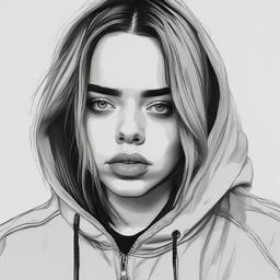 drawing of Billie Eilish with a serious expression  minimal rough sketch scribbles,doodles,black and white