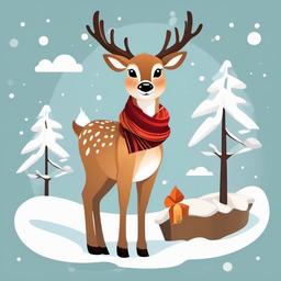 Deer clipart - cartoon deer wearing a scarf in winter  color,minimalist,vector clipart