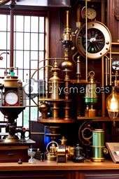 steampunk laboratory with antique brass fixtures and cogwheel decorations. 