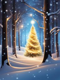 xmas tree clipart,glowing with holiday magic in a snowy forest 