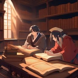 Resilient anime scholar and dedicated scholar friend, poring over ancient scrolls and manuscripts in a dusty library, seeking hidden knowledge, as a matching pfp for friends. wide shot, cool anime color style