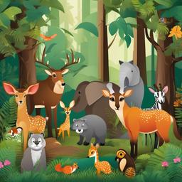 Animal clipart - diverse animals in a forest setting  