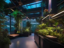 The greenhouse showcases cyberpunk interior design with innovative features, vibrant plants, and colorful decor that create a high-tech environment for gardening and plant care.  