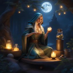 mysterious elven mage crafting an enchanted potion under a shimmering moonlight. 