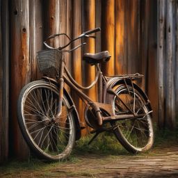 Rusty old bicycle, its paint chipped and wheels creaking, leans against weathered wooden fence, silent relic of past adventures now basking in warmth of nostalgia. hyperrealistic, intricately detailed, color depth,splash art, concept art, mid shot, sharp focus, dramatic, 2/3 face angle, side light, colorful background