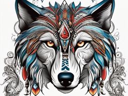 Wolf Native Tattoo,tattoo inspired by indigenous cultures, uniting the wolf and the wisdom of ancient traditions. , color tattoo design, white clean background