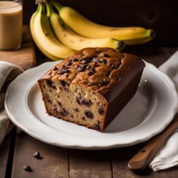 banana bread cake with chocolate chips, savored at a rustic cabin in the woods. 