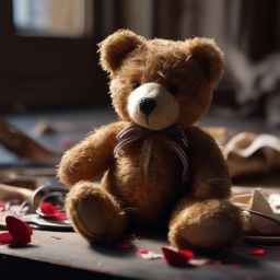 A discarded, torn teddy bear finds new purpose in stitching together broken hearts.  8k, hyper realistic, cinematic