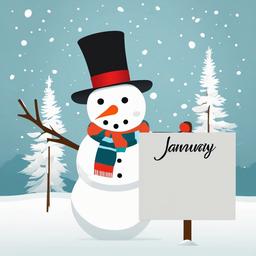 January clipart - snowman holding a sign that says January  color,minimalist,vector clipart