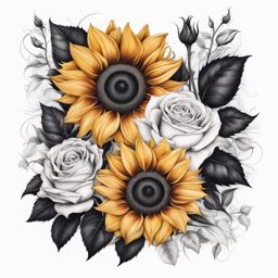 Sunflower and rose tattoo, Tattoos that blend the beauty of sunflowers with the elegance of roses.  color, tattoo patterns, white clean background