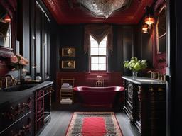 In the guest bathroom, Gothic interior design features ornate fixtures, rich colors, and intricate details that create an inviting atmosphere for visitors.  