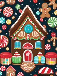 Gingerbread House clipart - gingerbread house surrounded by sweets  color,minimalist,vector clipart