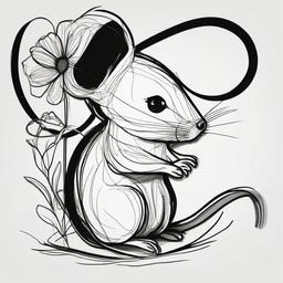 drawing of a mouse with a flower  minimal rough sketch scribbles,doodles,black and white