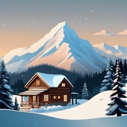 Mountain Cabin and Snow-Covered Trees Emoji Sticker - Cozy retreat in winter wilderness, , sticker vector art, minimalist design