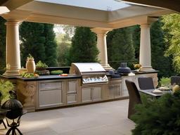 Neoclassical outdoor kitchen features simple cabinetry, decorative moldings, and classic furnishings that create an elegant and timeless outdoor cooking space.  